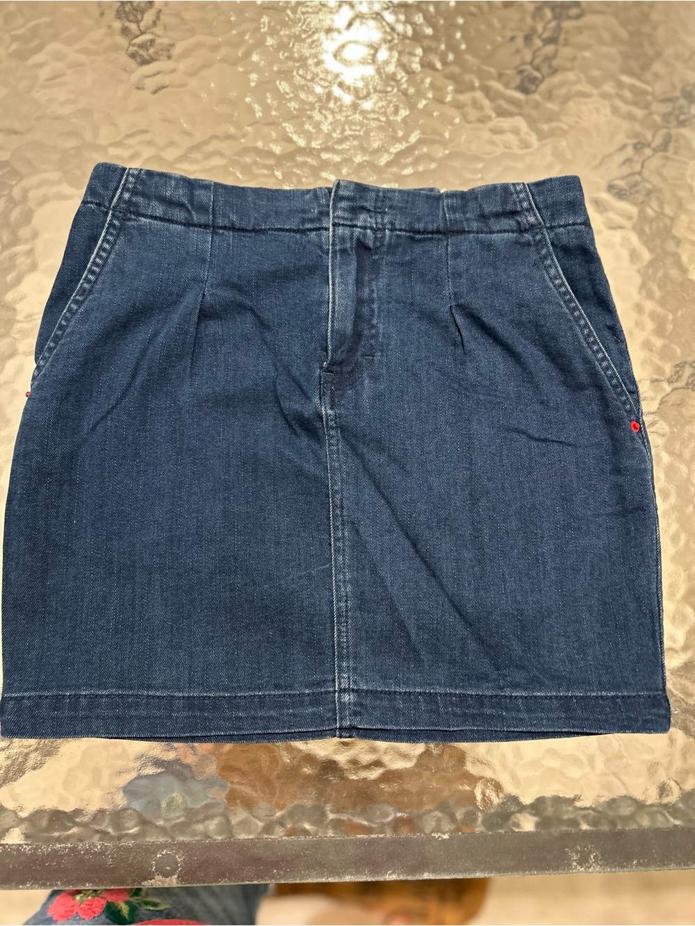 Armani Exchange Indigo Denim Mini Skirt with Red Rivet Accents